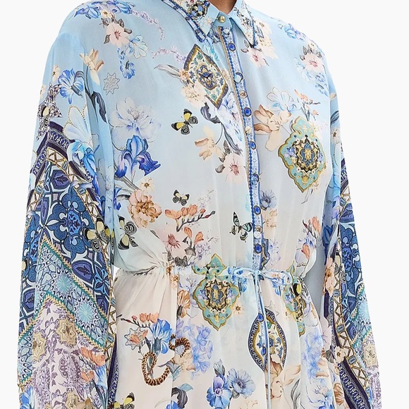 NWT Camilla Floral Silk Tiered Midi Shirtdress Size XS crystals blue - Picture 7 of 15